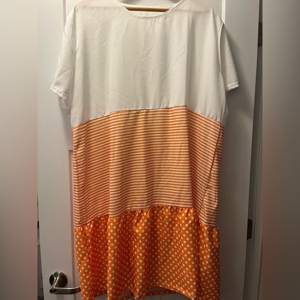 White and Orange Striped Polka Dot Dress. NWOTS.